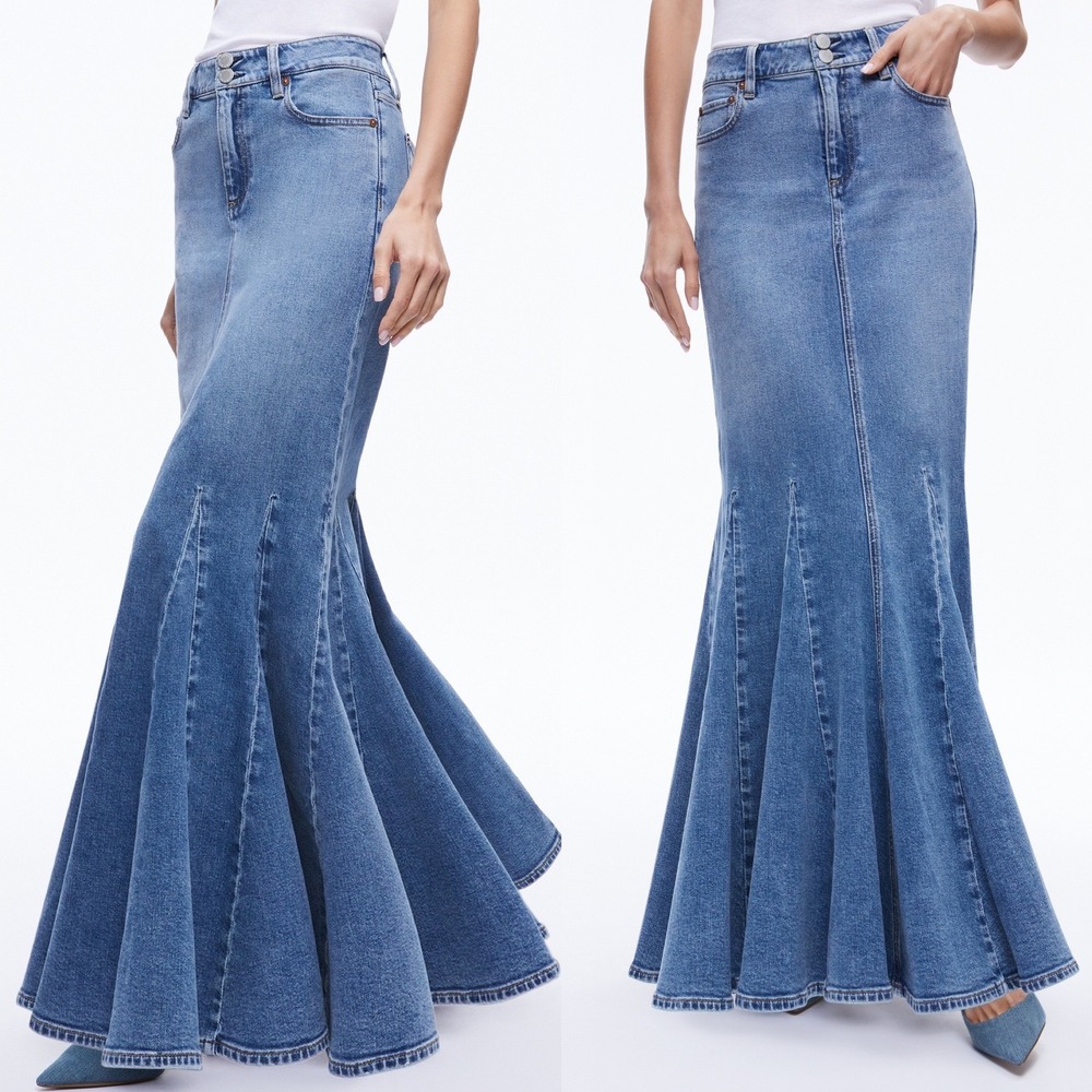 Alice Olivia Flare Denim Skirt Womens Size 12 Nala Godet Maxi Floor Length Avery